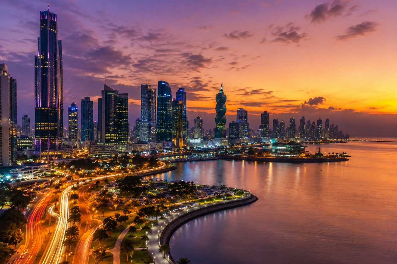 Skyline de la Ciudad de Panamá al atardecer con los edificios iluminados sobre la bahía